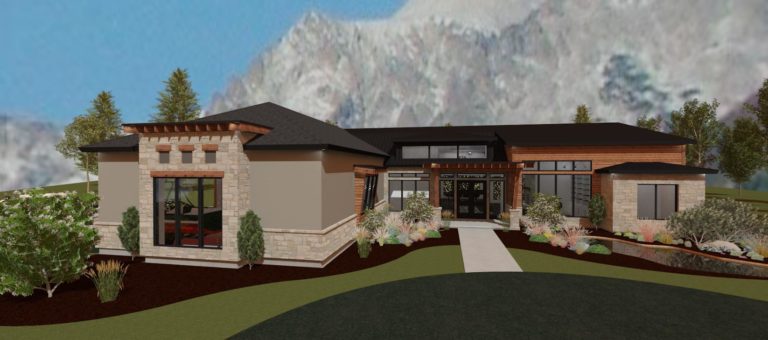 Modern mountain home design with tan stucco and brick accents.