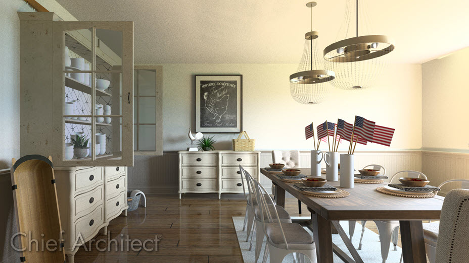 Dining room with open cabinet doors 