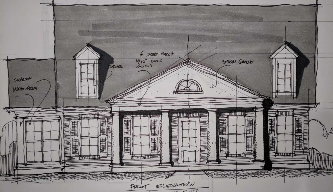 Robert Padgett's hand drawn elevation view of a home design.