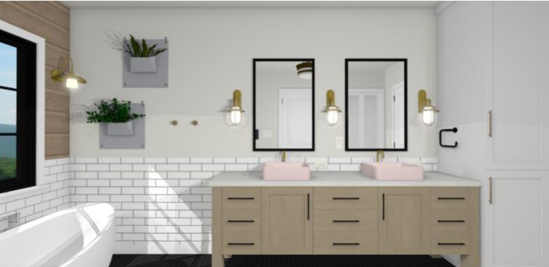 Bathroom design with blush nood basin, sconces, wall planters, and soaking tub