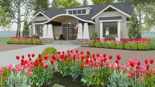 Exterior rendering of a single story house with a barrel roof entry, shed dormer, flanking box windows, and red and pink tulips in the front beds.