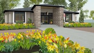 Exterior rendering of a contemporary home with a high stone entry and hipped roofs and yellow tulips and daffodils in the front yard.
