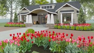 Exterior rendering of the Albertson house with a barrel roof entry, shed dormer, flanking box windows, and red and pink tulips in the front beds.
