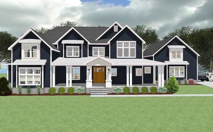 Fusion of modern and traditional home design, blue siding with white trim, large front porch and gable roof lines.