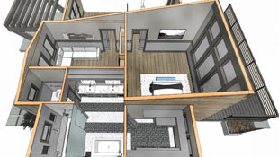overview illustration shows a bathroom's future remodel in a technical drawing style overlaying the original room's layout