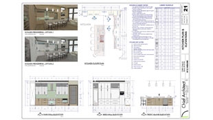 blueprint page that includes rendering options, dimensioned elevations, a floor plan, and detailed notes and legend