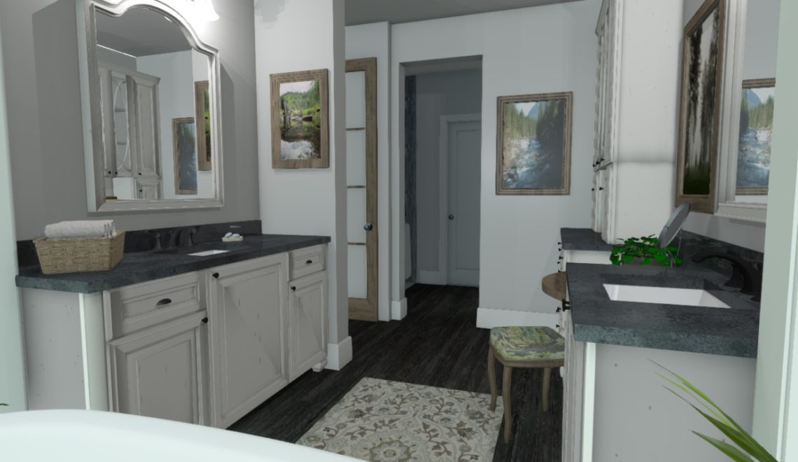 Master Bathroom with hardwood flooring and grey marble counter tops
