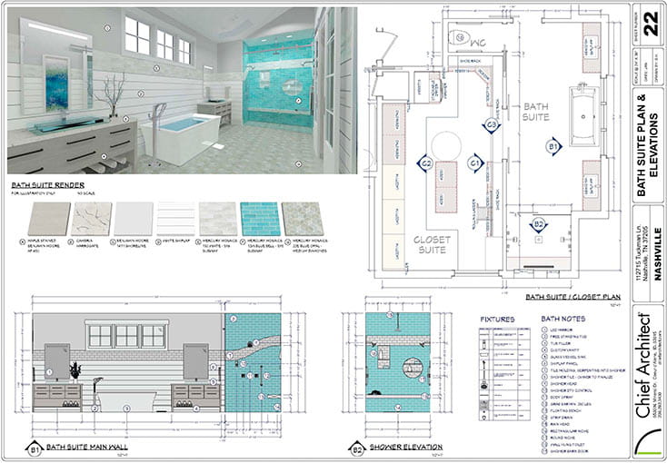 Bathroom remodeling project showing 3D rendering, wall elevations, floor plans, dimensions and material selections for construction documents