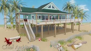 Beach lovers would envy this ocean view house set up on pilings in fresh teal colors and  airy Dutch gable roof, open porch surround, bright red beach chairs, and even a quaint white picket dune fence.