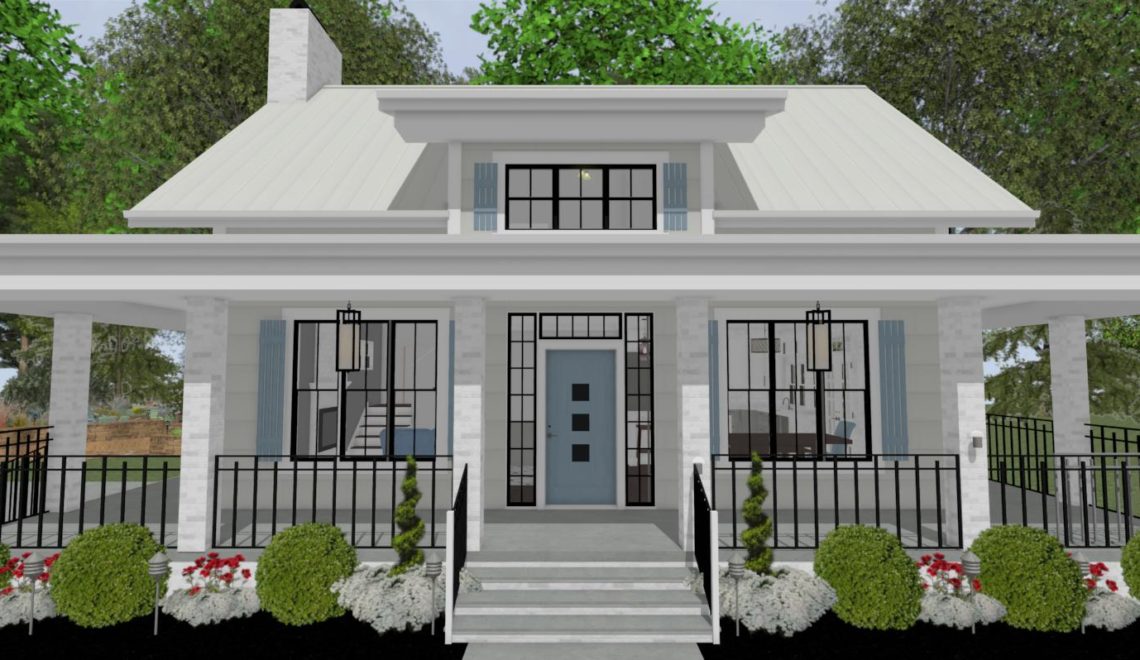 Cottage home with white pillars, a blue front door and a wrap-around porch.