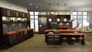 This contemporary kitchen has dark brown cabinets and bright orange counters, globe pendant lighting, and floor to ceiling windows flanking a wall of full height cabinets.