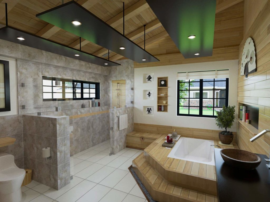 An Asian inspired bathroom design with large walk in shower, modern bathtub in a platform tub deck and elegant vessel sink and fixtures.