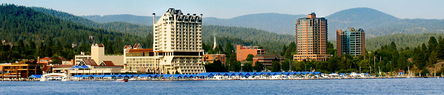 A panorama of downtown Coeur d'Alene from the lake.