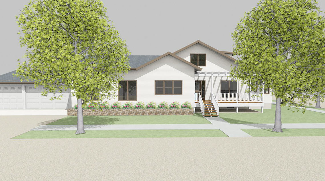 White, ranch style house with gable roofs and two large trees