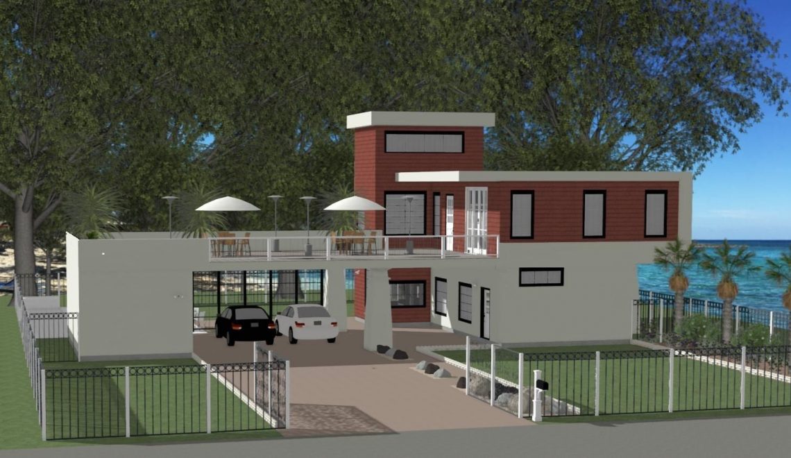 This residential home design offers an oversized upstairs patio area, outside storage to the right of the parking spaces, two beds, three baths, and a separate utility room. The downstairs area is an open-concept layout with a generously sized living room, kitchen and full bath.