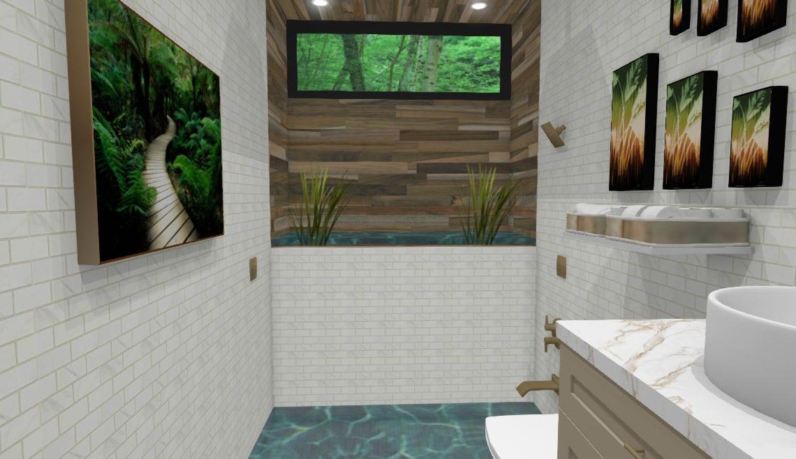 Small, rectangular bathroom with a waterfall shower and sunken tub.