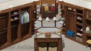 An overhead view of a large, custom closet with brown wood, corner mirror, a dressing island, and accessories.