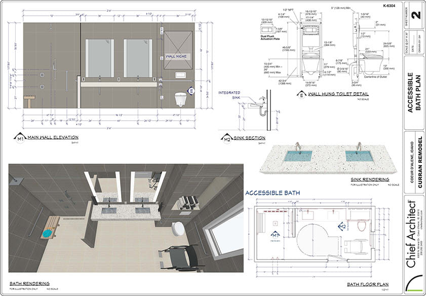 ADA Accessible bathroom design plan set with wall elevation view, floor plan, 3D rendering, and construction details. Watch ADA bathroom virtual tour