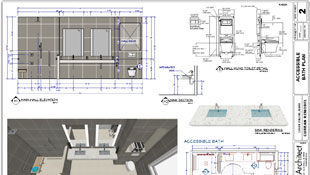 Blueprints featuring designs for an ADA accessible kitchen and bathroom design, conforming to NKBA Design Guidelines.