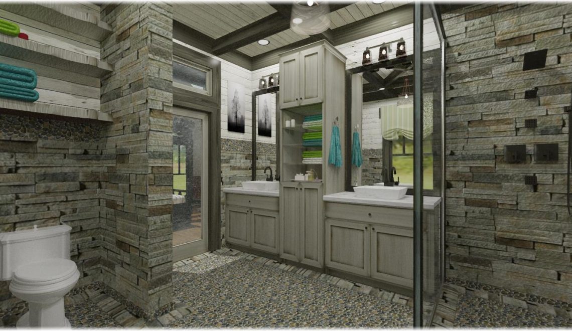Rustic elegant master bathroom with rain shower, free standing tub and custom ceiling.