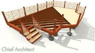 A visualization of a deck with diagonal joist framing and planking, footings, and railings.