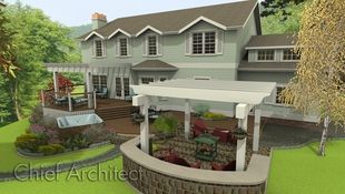 An exterior rendering of a house with attached multi-level deck and covered patio includes a hot tub, fire pit area.
