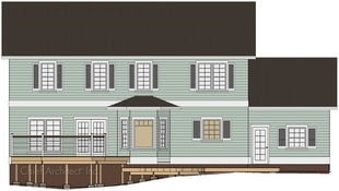 An exterior elevation drawing illustrates how a multi-level deck is supported with posts and footings on an uneven terrain.
