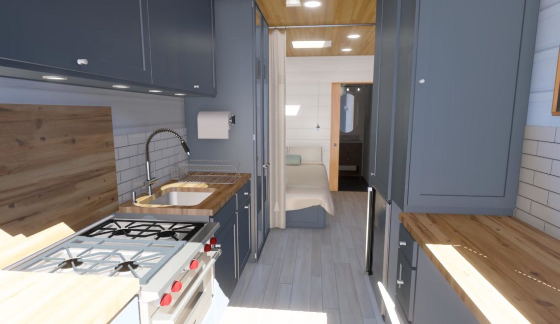 Rendering of a remodeled U-Haul converted to living space.