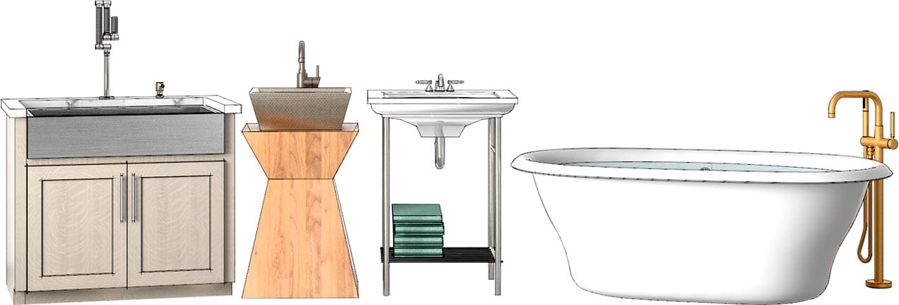 3D symbol bathroom fixtures - apron sink, vessel sink, pedestal sink, freestanding bathtub