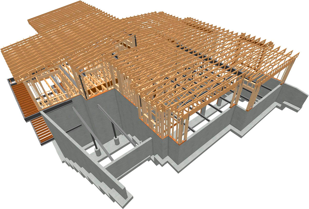 Residential house 3D framing overview - wall framing, roof trusses and floor trusses