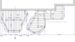A dimensioned plan view of deck framing with section callouts and on center spacing for footings.