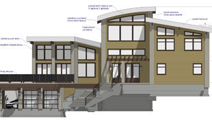 A color front elevation of a contemporary multi-level home shows shadows under the roof eaves, text callouts and arrows for notes, and story pole dimension marking key locations for the structure.
