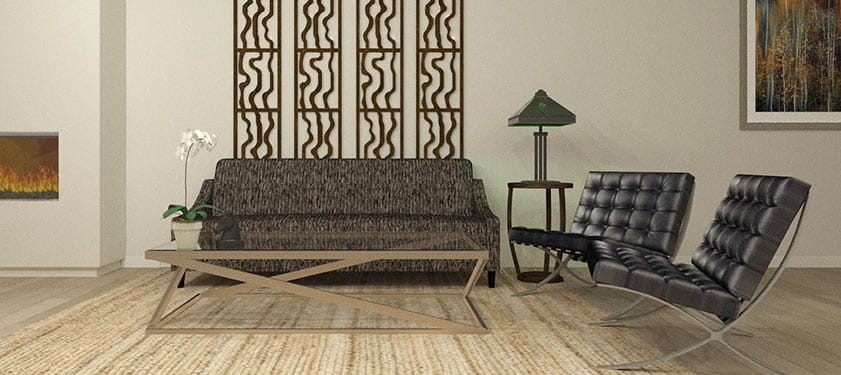 3D rendering of a living room with furniture and accessories from the Chief Architect 3D Library