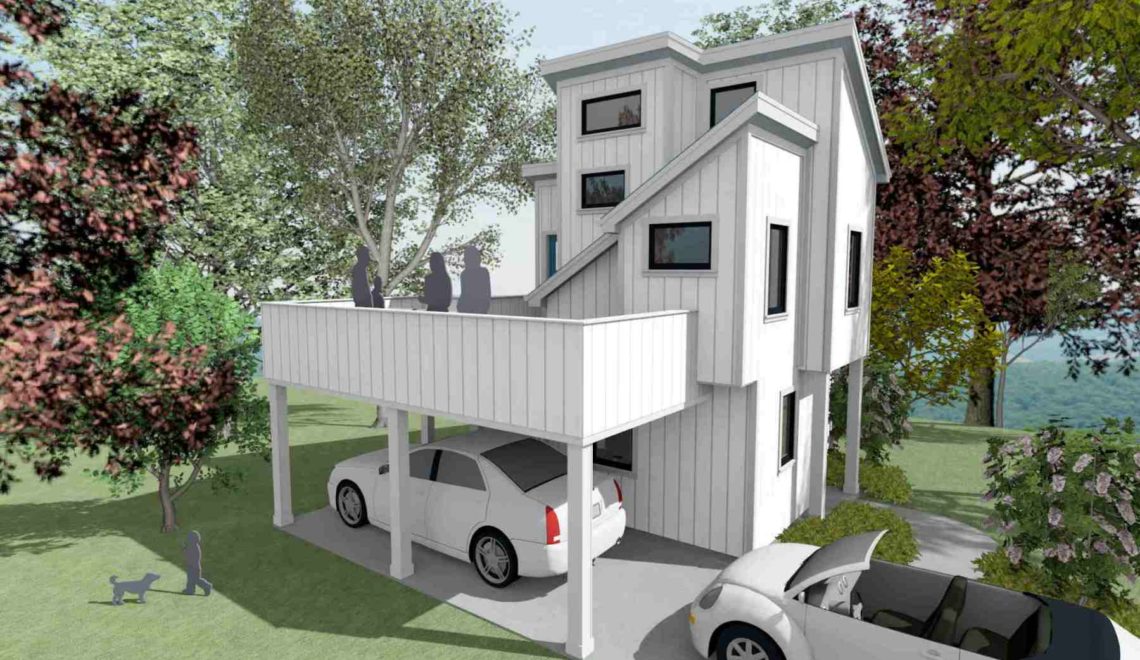 Micro living house with 3 stories and deck over carport.