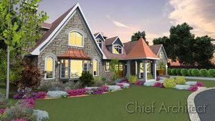 A stone 1 1/2 story house with steep swooping roofs, soldier course windows, and copper bay window and entry gazebo roofs.