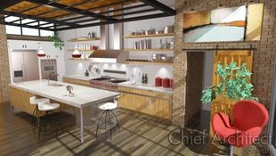 An industrial looking kitchen with aged oak flooring and tall ceiling veiled with an overhead grid, hints at floor to ceiling windows and provides a functional utilitarian spaces with open shelving, professional grade appliances, and a sliding barn door access to the adjoining room.