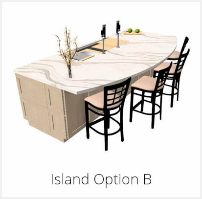 Kitchen island 3D rendering showing design option with a large arc solid surface for lots of seating