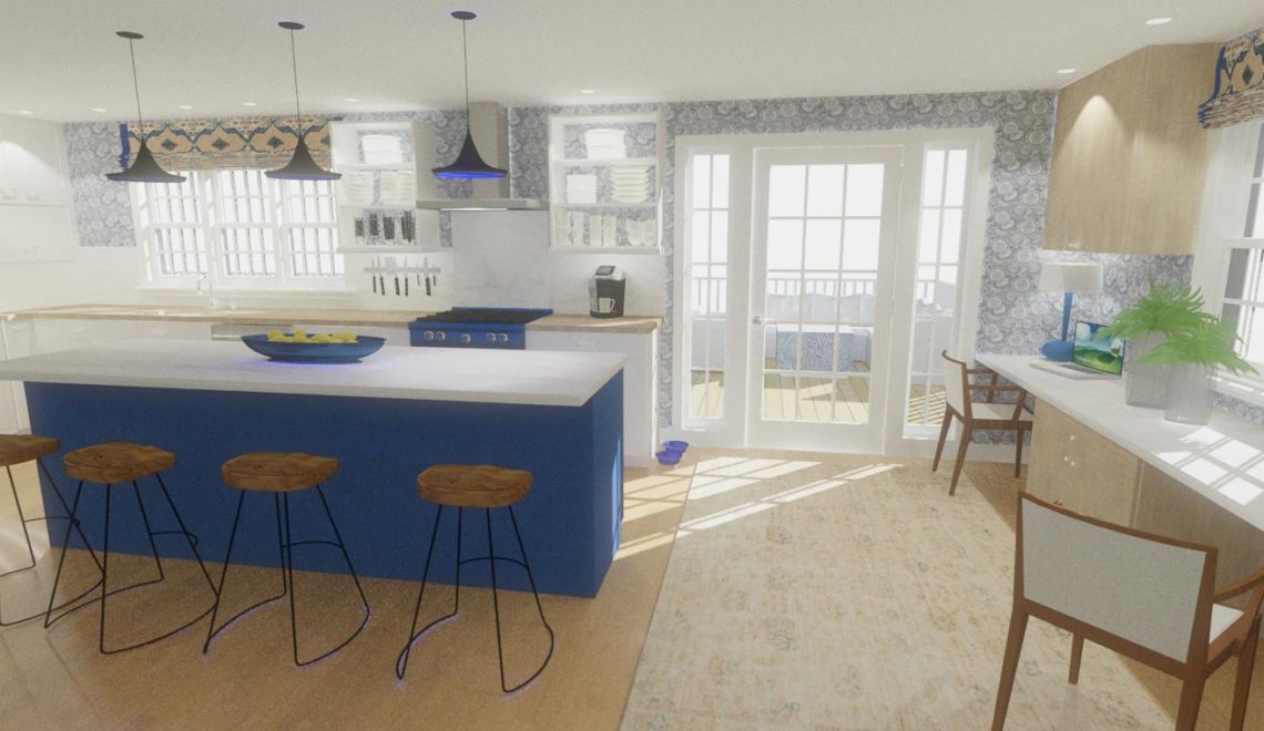 Open concept kitchen with large blue island, white cabinets, and wood countertops.