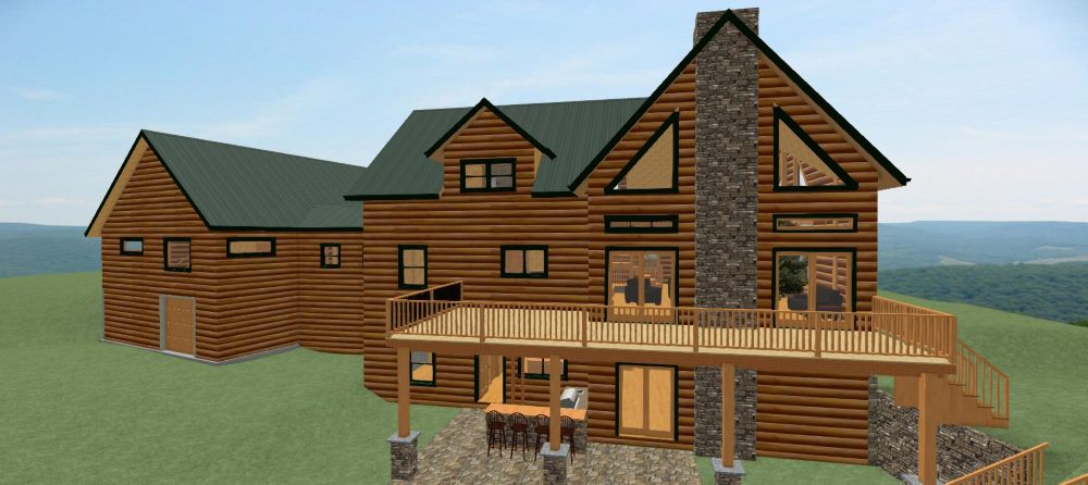 Two story log home design with large deck and outdoor living.