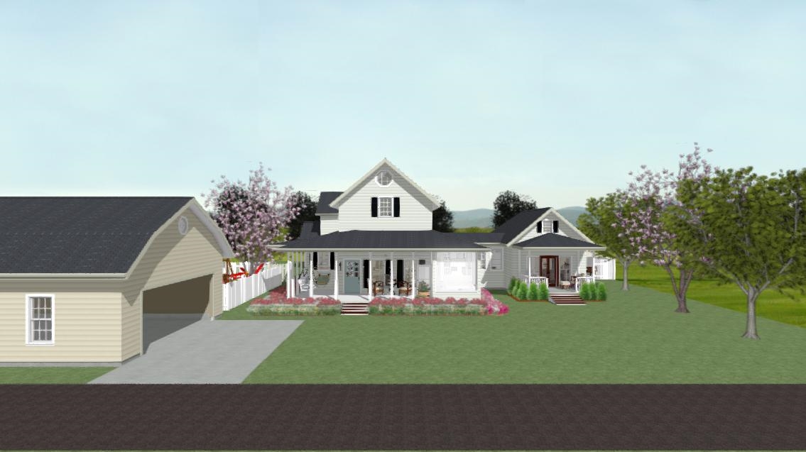 Residential home design with large wrap-around front porch, white siding and a gable roof.