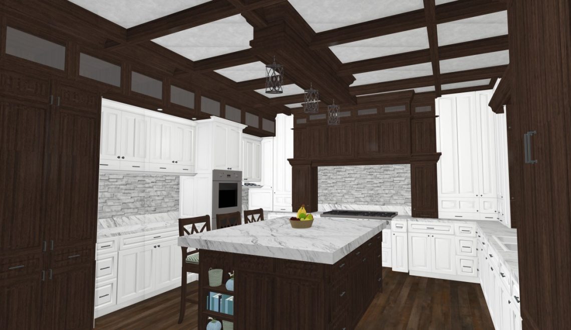 My design is a traditional kitchen with marble countertops and walnut cabinets.