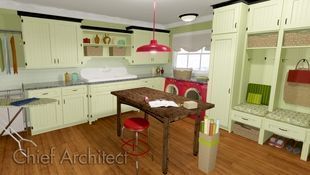 A fresh and retro take on a laundry and craft room includes plenty of storage in celery green cabinets, black crown molding, pops of red via appliances and light fixtures, and a coat cubby niche.