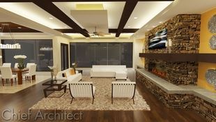 A contemporary living and dining room scene features ceiling beams, a shag area ruck, stone fireplace with wrap-around bench, and large picture windows to connect the space to the outside.