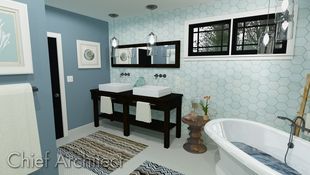 This blue bathroom looks as though it belongs on the seaside with coastal decor including conch, nautilus, and coral pieces; the hex wall tile, penny tile floors, and zig-zag rug lend structured interest to the space.