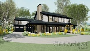 An exterior rendering of the Modern Bungalow Sample plan is simple and contemporary with yellow flowers in the landscaping and dark roof and trim accentuating the neutral wall color.