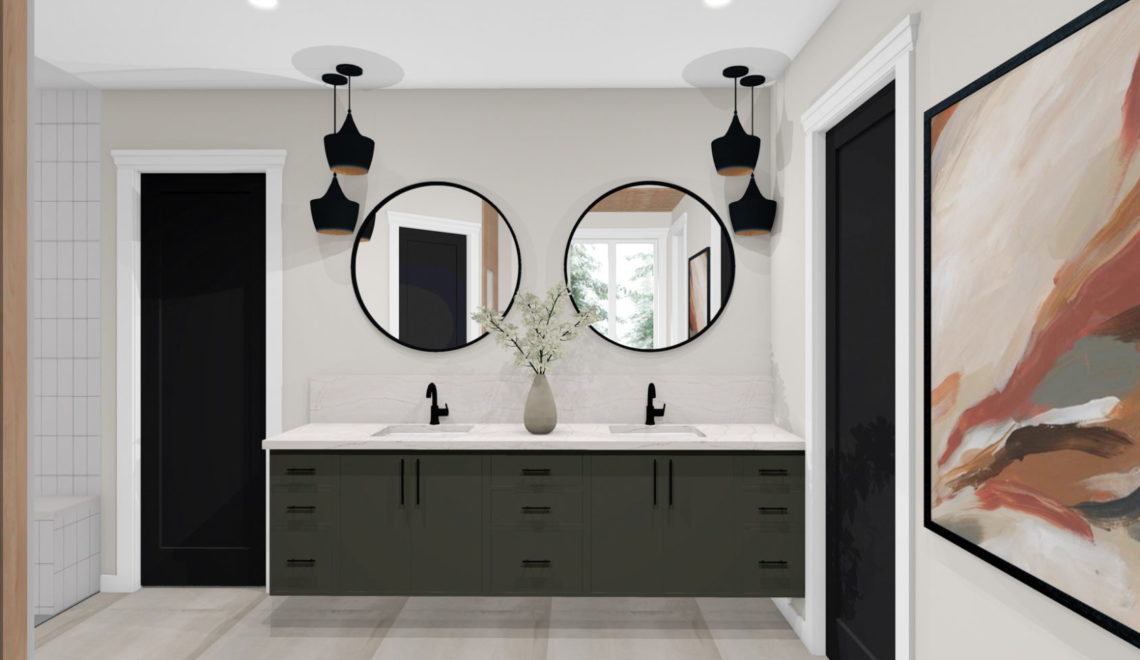 Modern bathroom with duel inset sinks and dark cabinetry.