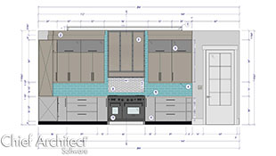 dimensioned wall elevation view of white and beige kitchen wall with teal backsplash tile