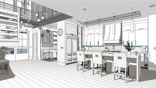 A Technical Illustration filter is used on this scene to create a line based drawing with color fill in a kitchen perspective.