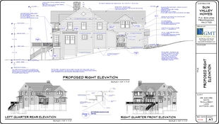 A detailed page from a blue print has an elevation of a home on a sloped lot with dimensions, markers, and notes for construction along with quarter angle elevations to hint at the overall structure's composition.