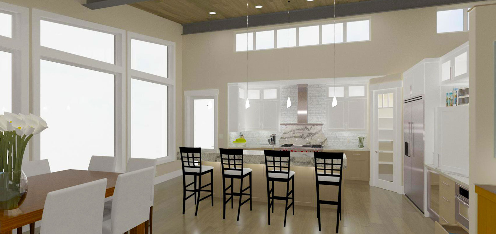 Kitchen Design rendering using line drawing and photorealistic render. Watch time-lapse video for kitchen design